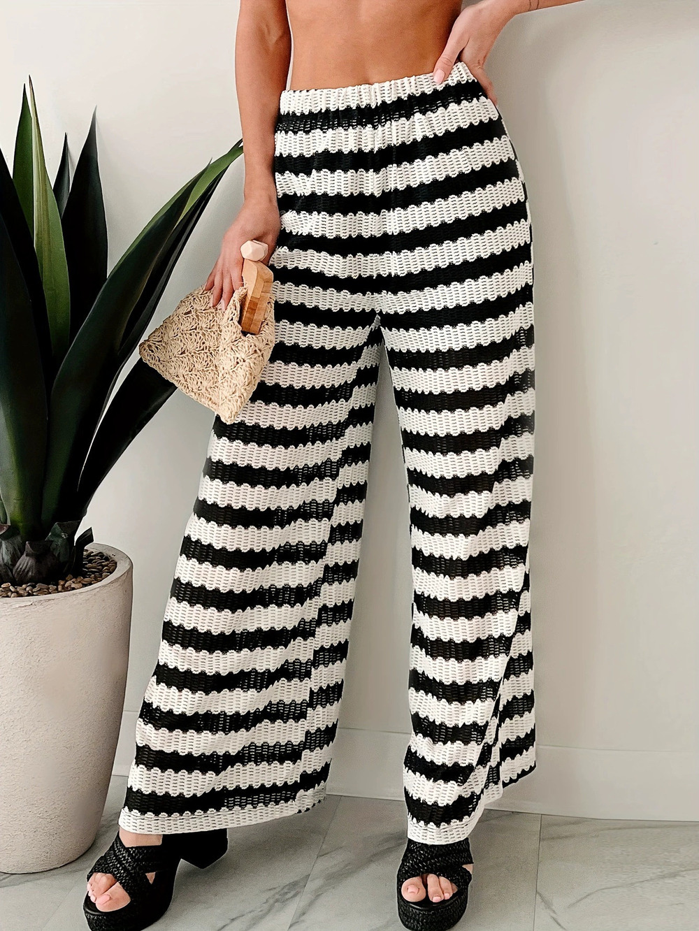 ZARA Fashion Vacation Stripe Knit Women Cutout Beach Sun Protection Pants